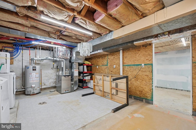 unfinished basement with washer / dryer, water heater, and heating unit