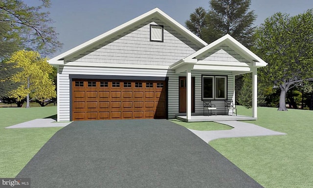 view of front of house featuring a garage, covered porch, aphalt driveway, and a front yard