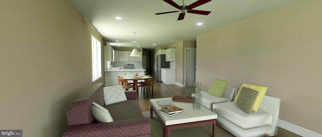 living area with baseboards, dark wood-style flooring, a ceiling fan, and recessed lighting