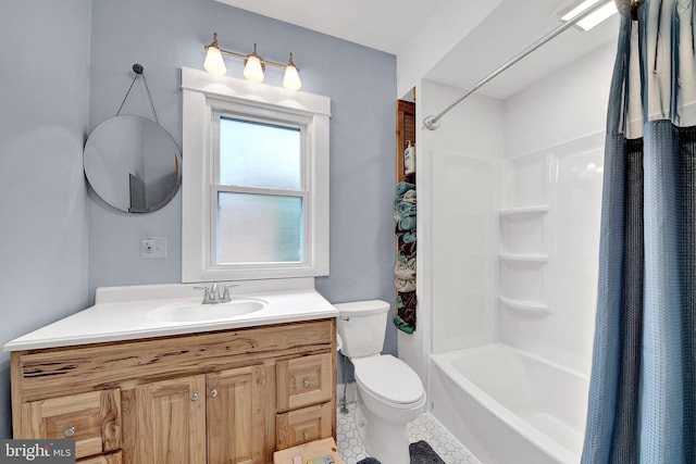 bathroom with shower / tub combo, vanity, and toilet