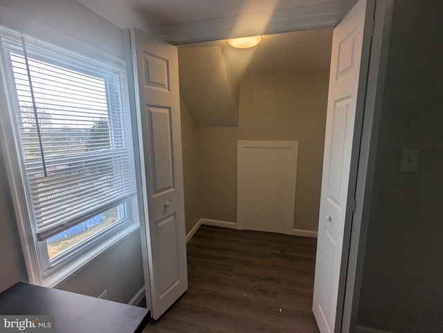 corridor featuring plenty of natural light, baseboards, vaulted ceiling, and dark wood-style flooring