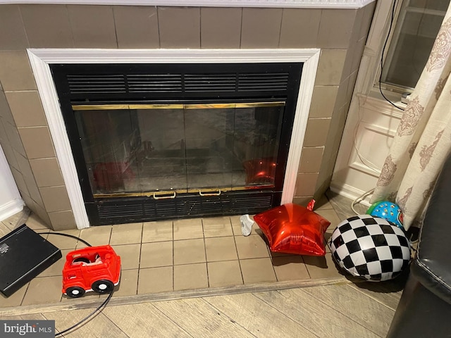 room details with a tiled fireplace