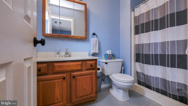 full bath featuring toilet, a shower with shower curtain, tile patterned flooring, and vanity