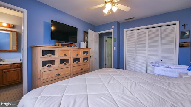 bedroom featuring a ceiling fan, a closet, and visible vents