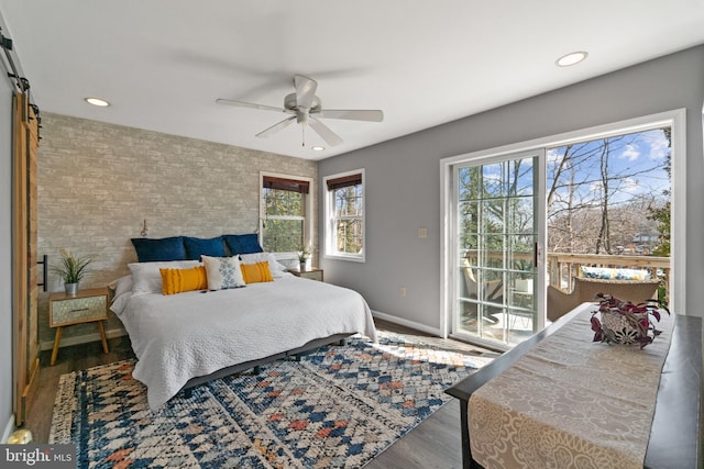 bedroom with recessed lighting, wood finished floors, a ceiling fan, baseboards, and access to outside