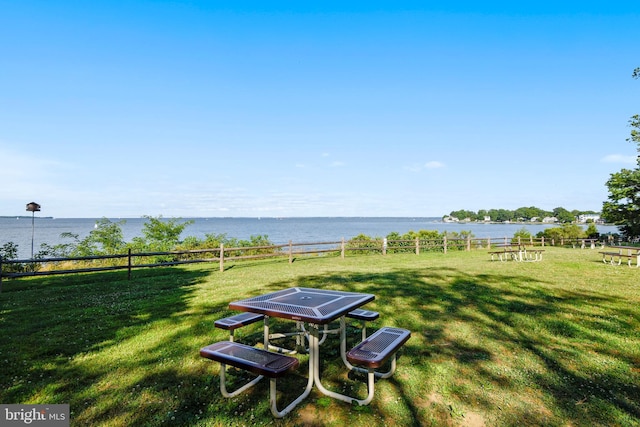 view of yard with a water view and fence