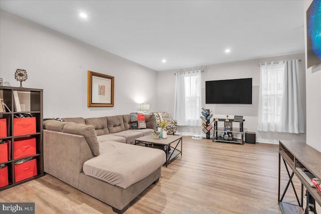 living area with wood finished floors and recessed lighting