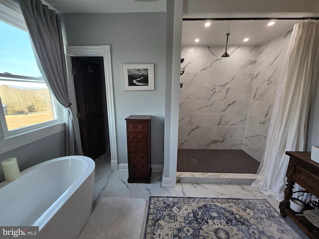 374 Finley Rd, Raphine, VA 24472 - bathroom with a shower stall, marble finish floor, a soaking tub, baseboards, and recessed lighting