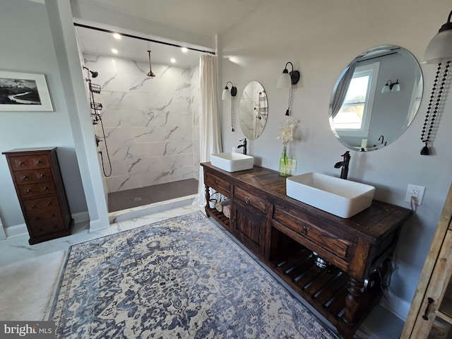 374 Finley Rd, Raphine, VA 24472 - bathroom with curtained shower, marble finish floor, a sink, and recessed lighting