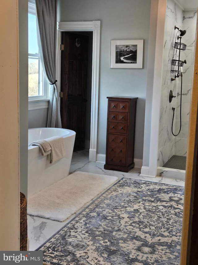 374 Finley Rd, Raphine, VA 24472 - full bathroom featuring a soaking tub, marble finish floor, baseboards, and a marble finish shower