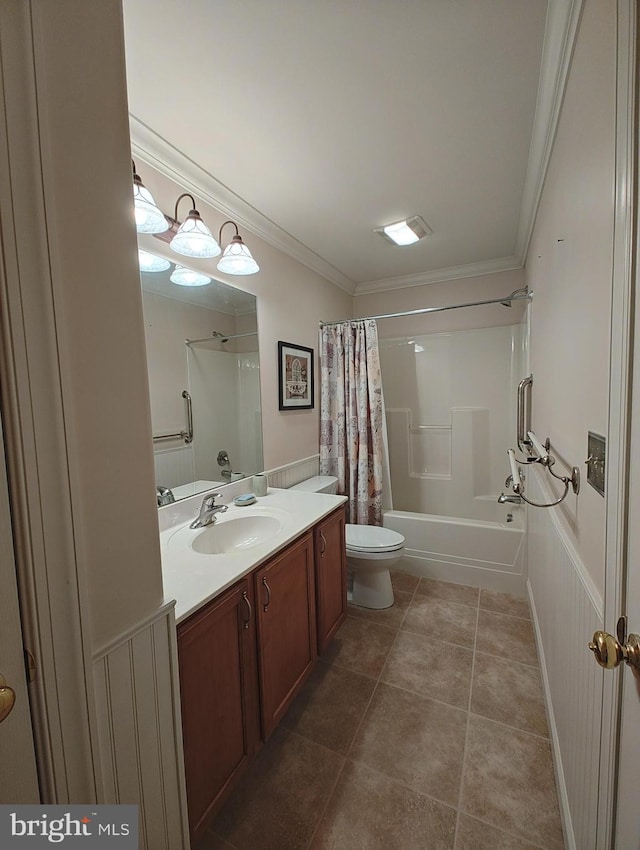 bathroom featuring toilet, ornamental molding, shower / tub combo with curtain, and tile patterned floors