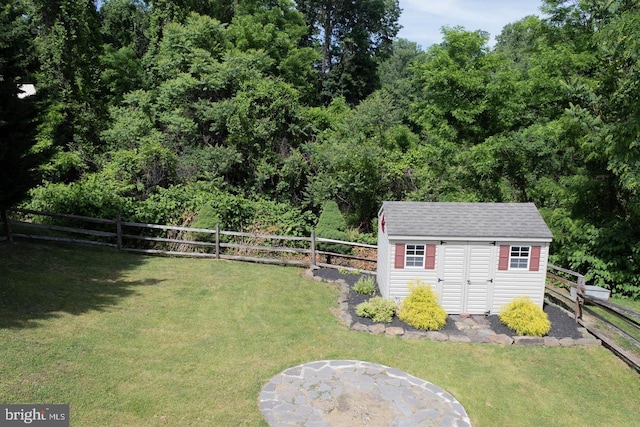 view of yard featuring a storage shed, a fenced backyard, and an outbuilding