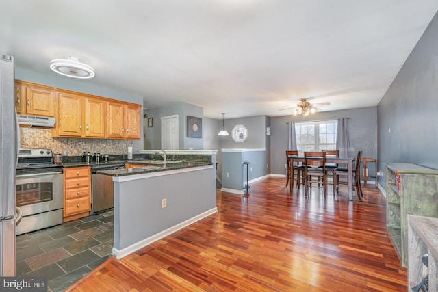 kitchen with appliances with stainless steel finishes, pendant lighting, under cabinet range hood, and dark wood-style flooring