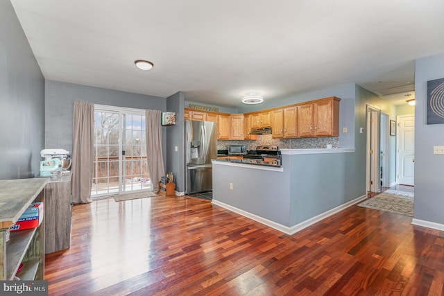 kitchen featuring under cabinet range hood, stainless steel appliances, baseboards, decorative backsplash, and dark wood-style floors