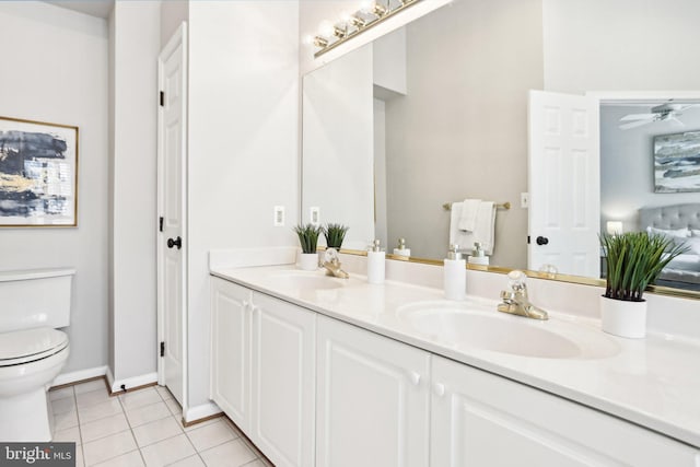 bathroom with toilet, tile patterned flooring, a ceiling fan, and a sink