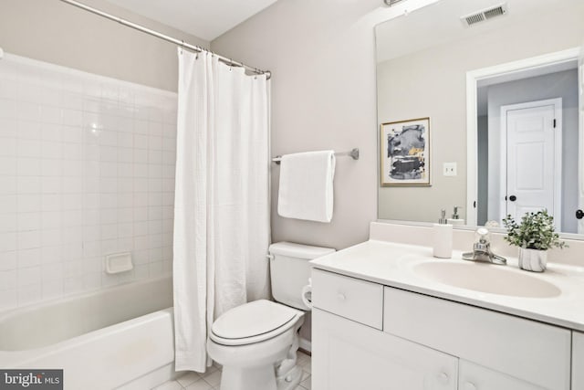 full bath with visible vents, toilet, shower / tub combo with curtain, tile patterned flooring, and vanity