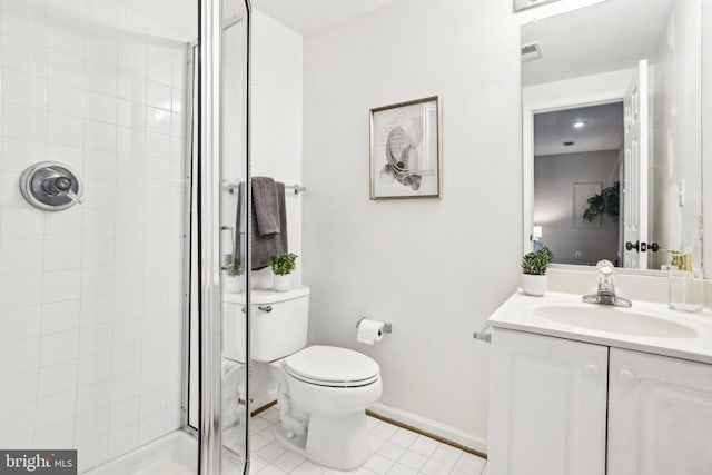 bathroom featuring visible vents, toilet, a shower stall, vanity, and baseboards