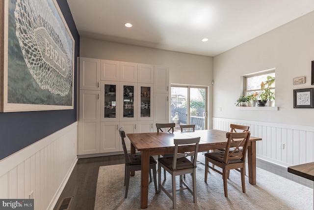 dining area featuring recessed lighting, wainscoting, visible vents, and dark wood-style flooring