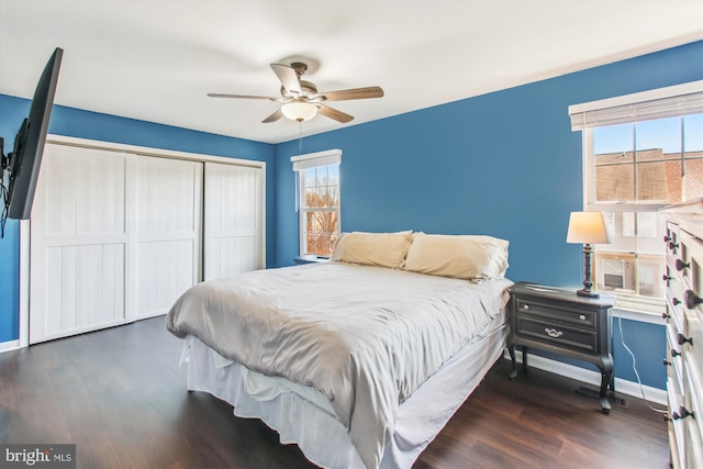 bedroom with multiple windows, baseboards, dark wood finished floors, and a closet