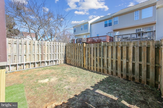 view of yard featuring a fenced backyard and a residential view