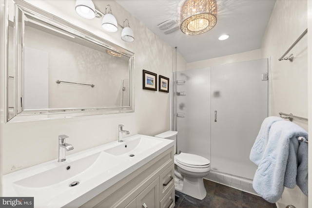 bathroom featuring visible vents, toilet, a stall shower, vanity, and a chandelier