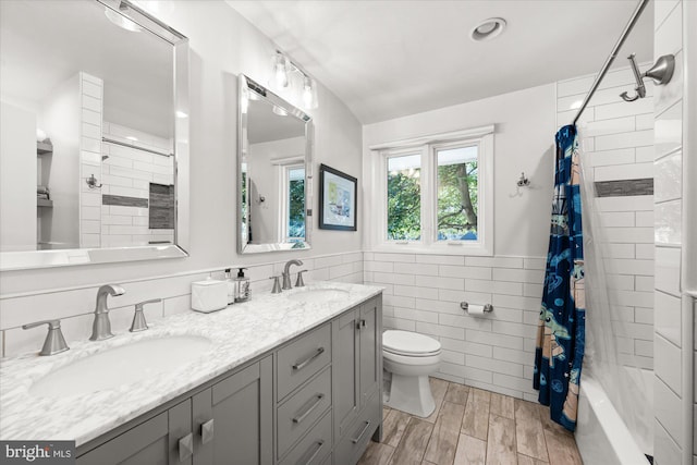 bathroom featuring wood finish floors, a sink, toilet, and tile walls