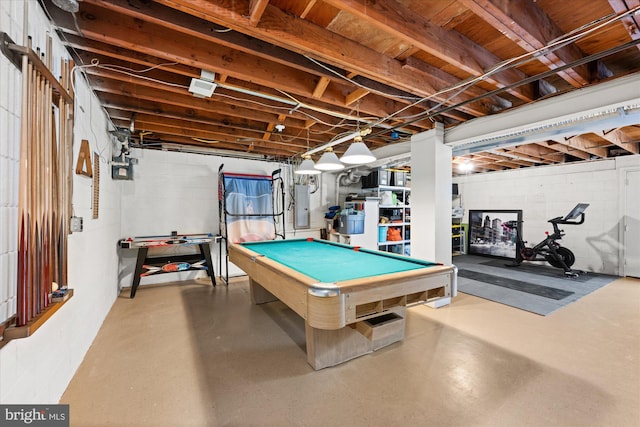 game room with concrete flooring, billiards, and electric panel