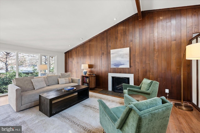 living area featuring vaulted ceiling, wood walls, a fireplace, and wood finished floors