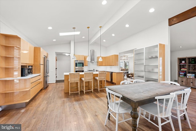 dining room featuring light wood-style flooring, high vaulted ceiling, beamed ceiling, and recessed lighting