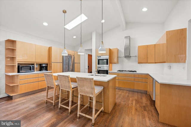 kitchen featuring open shelves, stainless steel appliances, wall chimney range hood, wood finished floors, and beamed ceiling