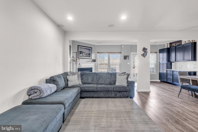 living area with light wood-type flooring, a fireplace, baseboards, and recessed lighting