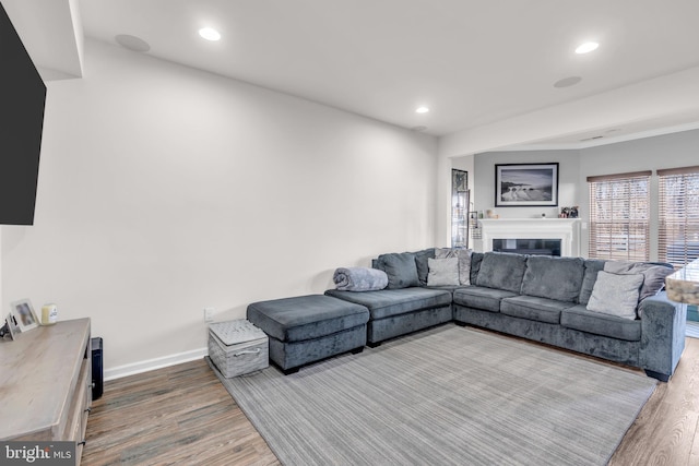 living area featuring recessed lighting, a fireplace, wood finished floors, and baseboards