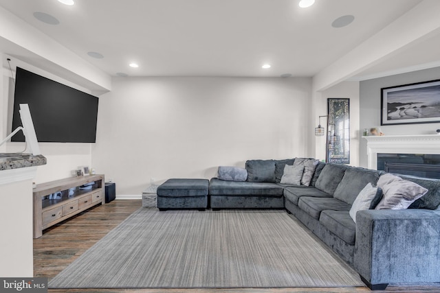 living room with baseboards, a glass covered fireplace, wood finished floors, and recessed lighting