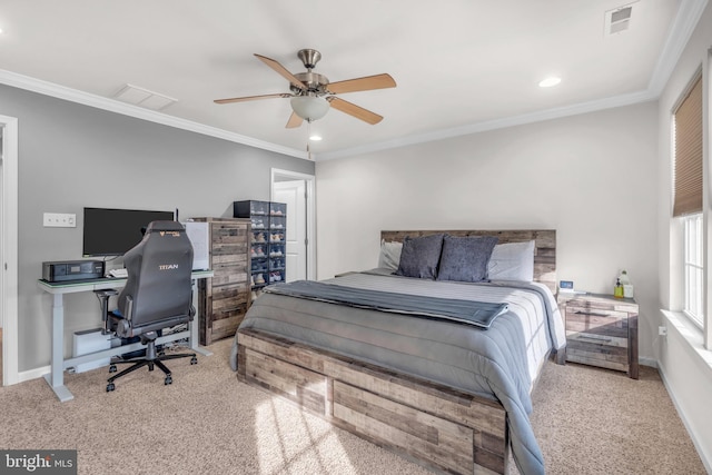 bedroom with ornamental molding, carpet, visible vents, and baseboards