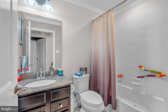 bathroom featuring toilet, visible vents, vanity, shower / bath combo with shower curtain, and crown molding