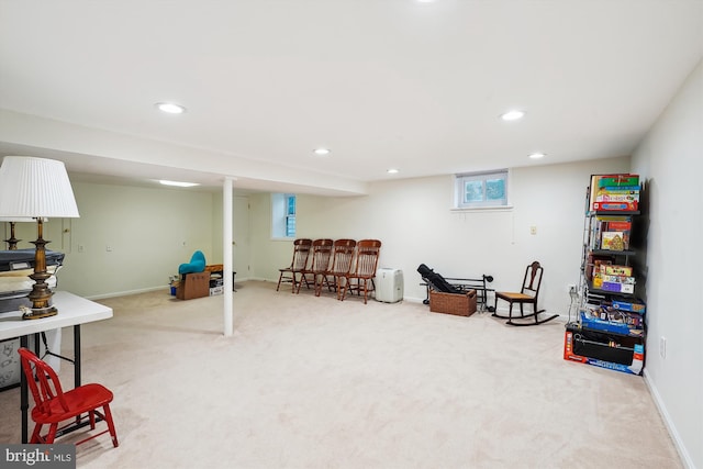 interior space featuring recessed lighting, baseboards, and carpet