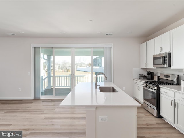 kitchen with light countertops, appliances with stainless steel finishes, white cabinets, a sink, and an island with sink