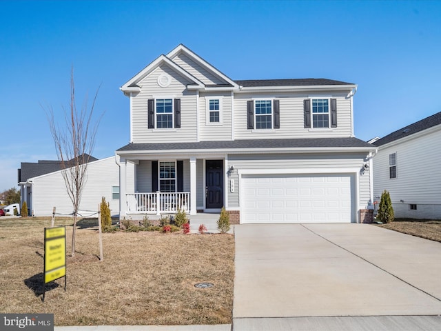 traditional-style home featuring an attached garage, covered porch, brick siding, concrete driveway, and a front lawn