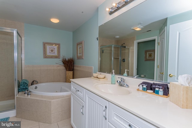 bathroom with visible vents, a shower stall, vanity, tile patterned flooring, and a whirlpool tub