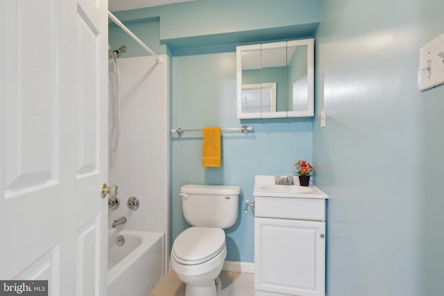 full bath with tile patterned flooring, baseboards, toilet, shower / tub combination, and vanity