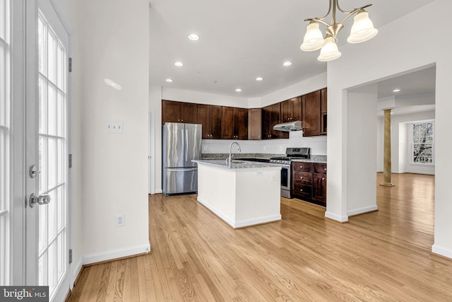 kitchen with a kitchen island with sink, under cabinet range hood, appliances with stainless steel finishes, light wood finished floors, and decorative light fixtures