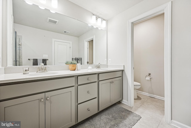 full bathroom with visible vents, a sink, toilet, and double vanity