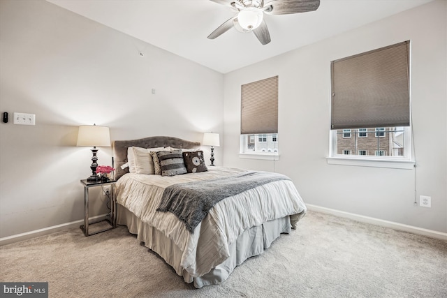 bedroom featuring carpet, ceiling fan, and baseboards