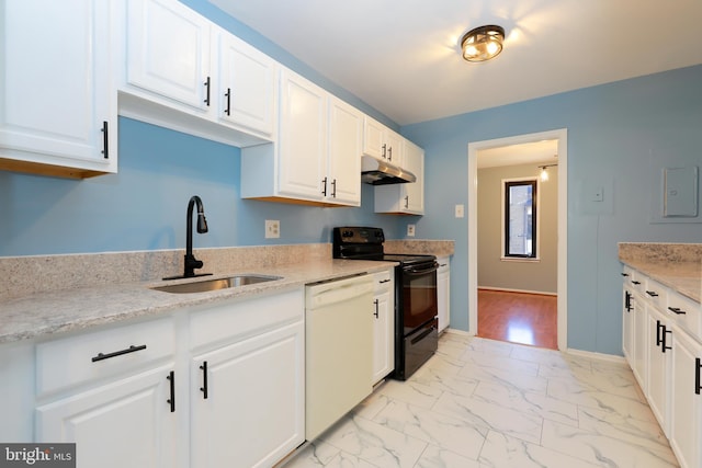 kitchen with white cabinets, marble finish floor, white dishwasher, black / electric stove, and a sink