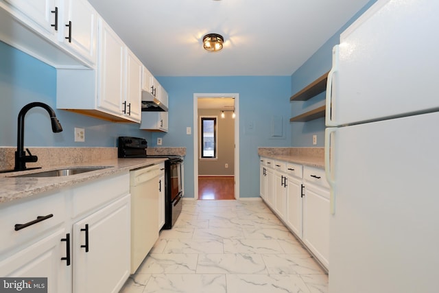 kitchen with white appliances, white cabinets, marble finish floor, open shelves, and a sink