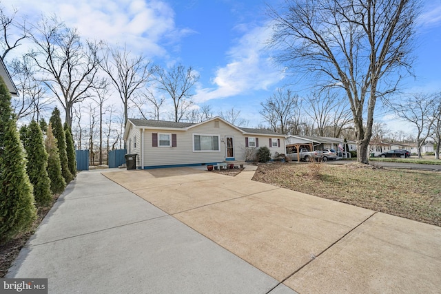 single story home with driveway and fence