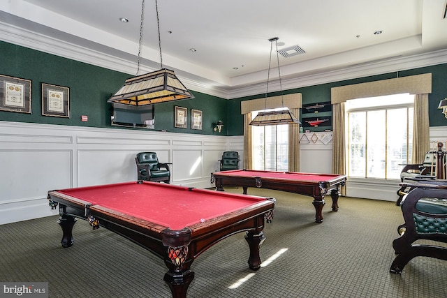 game room with carpet floors, crown molding, pool table, visible vents, and a decorative wall