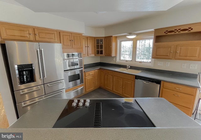 kitchen with glass insert cabinets, appliances with stainless steel finishes, open shelves, a sink, and a warming drawer