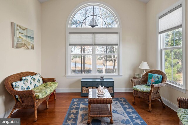 living area with dark wood-style floors and baseboards