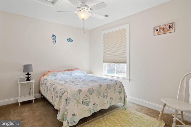 bedroom featuring visible vents, baseboards, a ceiling fan, and carpet flooring